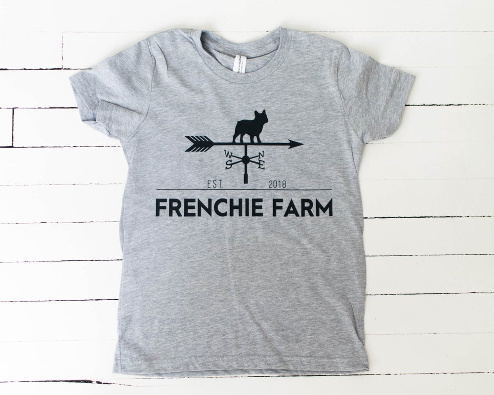 Frenchie Farm. Youth Unisex Tee. Heather Gray