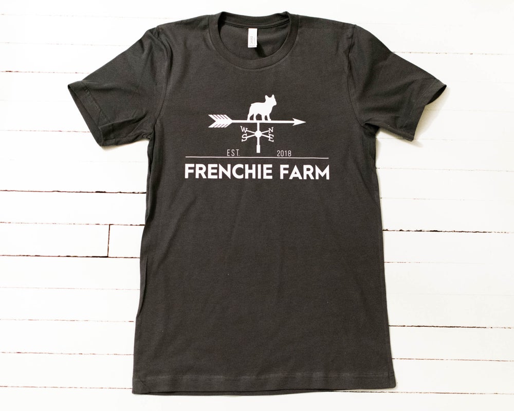Frenchie Farm. Unisex Tee. Dark Gray