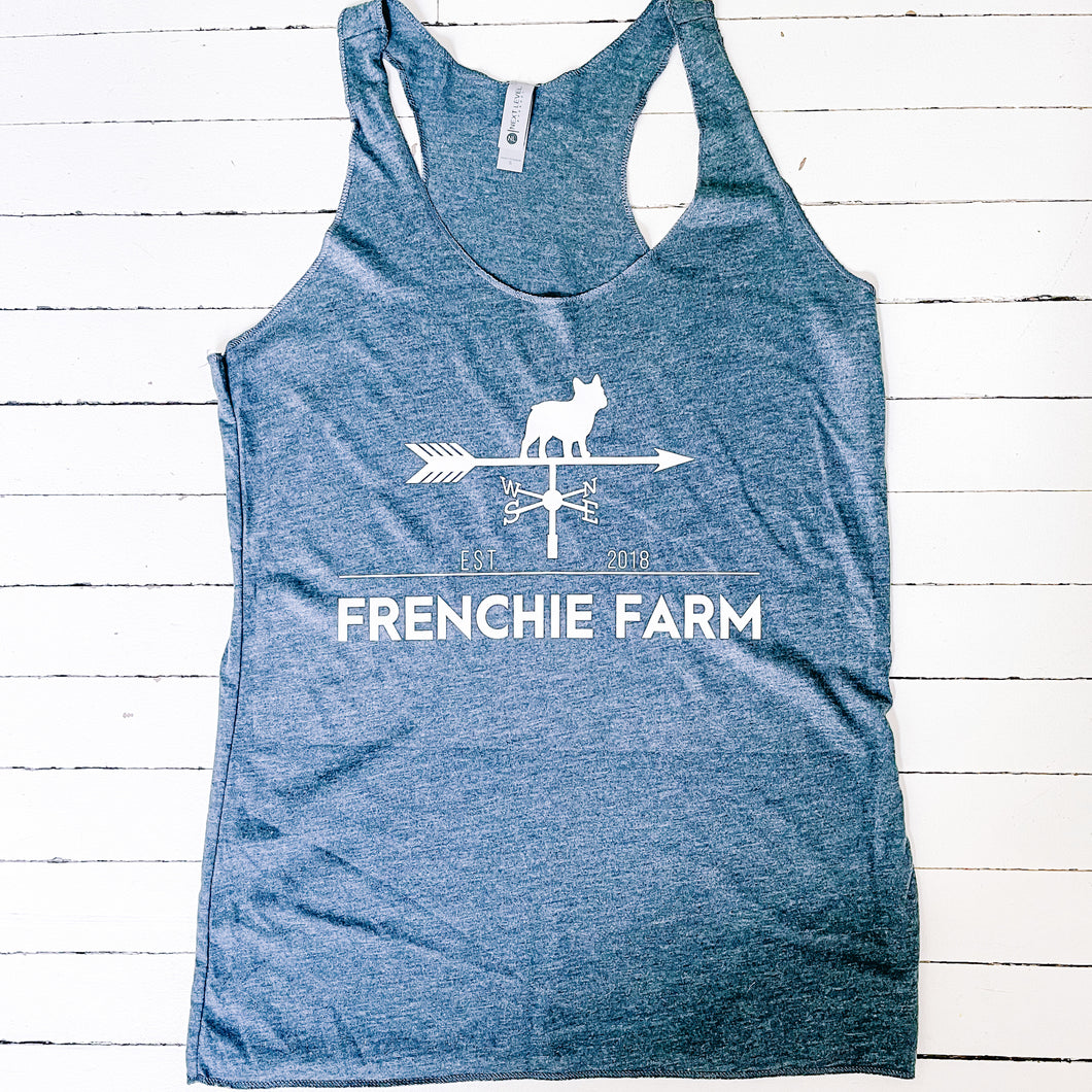 Frenchie Farm. Women's Racerback Tank. Navy
